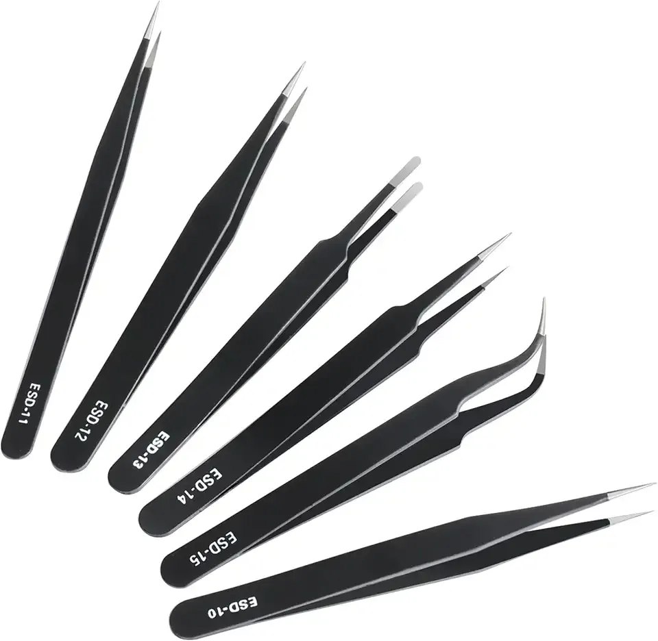 6 Pcs Precision Tweezers Set, Premium Anti-Static Stainless Steel Tweezer, ESD Curved of Tweezers for Electronics, Craft, Laboratory Work, Jewelry-Making, etc