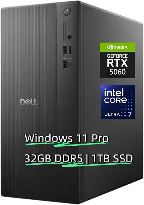 Dell Tower Desktop Computer, Windows 11 Pro, GeForce RTX 5060 8GB GDDR7 | Intel Core Ultra 7 265F 20-Core, 32 GB DDR5, 1 TB SSD, Wi-Fi 6, BT 5.4, AI Ready Gaming & Business PC, Wired Keyboard & Mouse