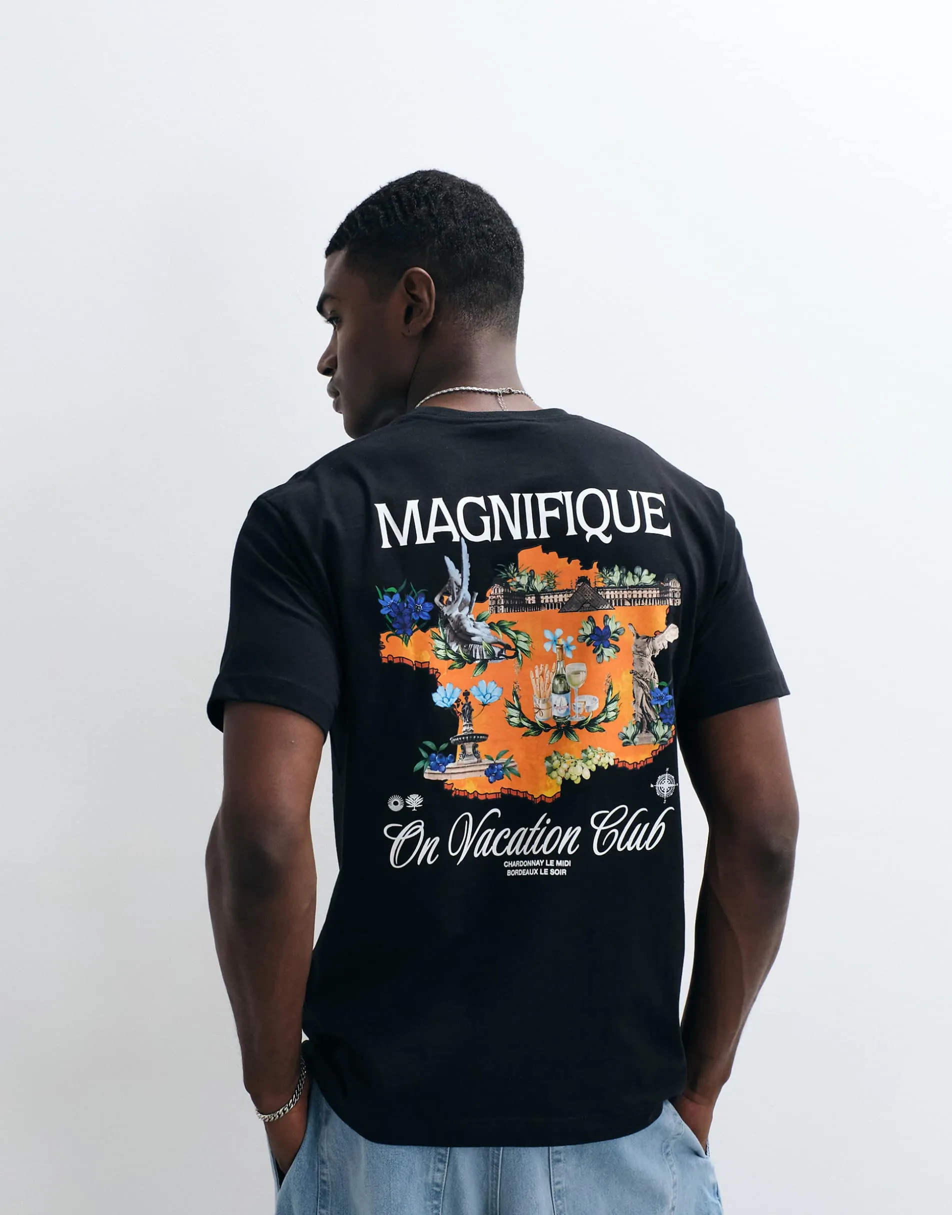 On Vacation Club France postcard back print t-shirt in black