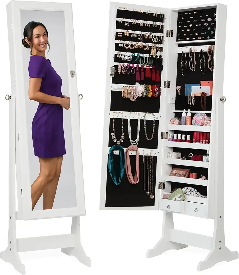 Best Choice Products Freestanding Jewelry Armoire Cabinet, Full Length Standing Mirror, Lockable Makeup Storage Organizer, w/Velvet Lining, 3 Angles, Lock, Accessory Pouch, 5 Shelves - White