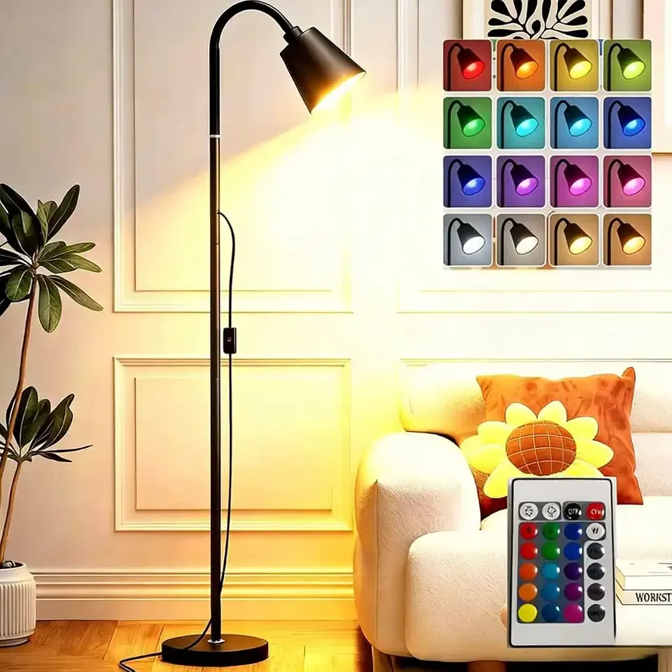 LED Floor Lamp with Remote, 16 RGB Color Changing Standing Lamp, 3 Color Temperatures Warm/Natural/Cold White, Height Adjustable, E27 Base Compatible, for Living Room Bedroom Game Room Office