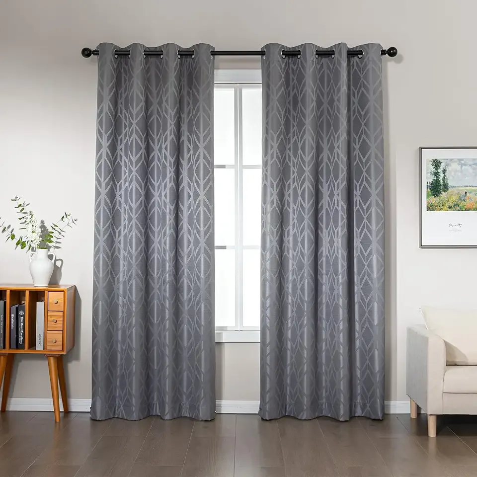 Jacquard 2-Piece 100% Blackout Curtains, Living Room and Bedroom Drapes, Thermal Insulated Window Treatment, 52"x84", Grey