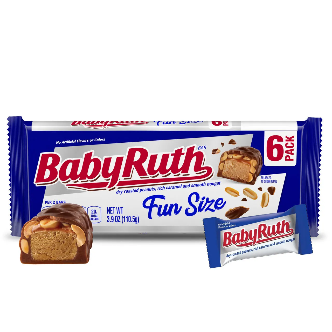 Baby Ruth Chocolatey, Peanut, Caramel, Nougat, Fun Size Individually Wrapped Candy Bars, 6 pack 3.9 oz each
