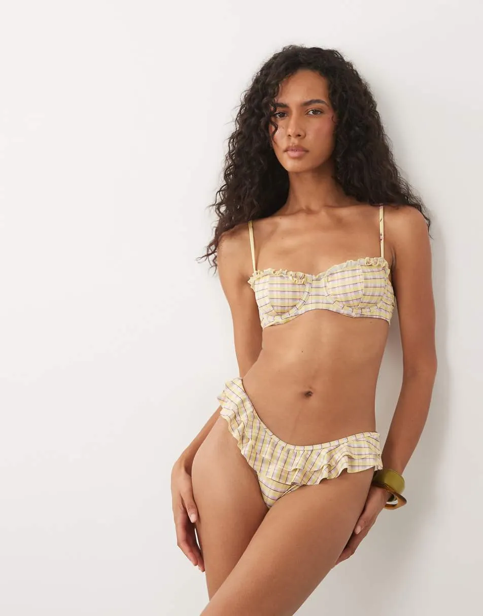 ASOS DESIGN Imogen check frilly hipster bikini bottom in yellow check