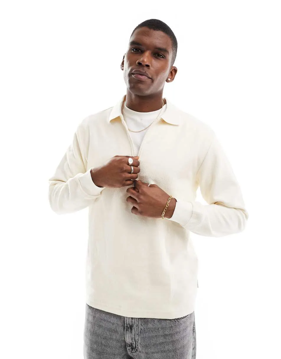 ONLY & SONS long sleeve 1/4 zip polo top in cream