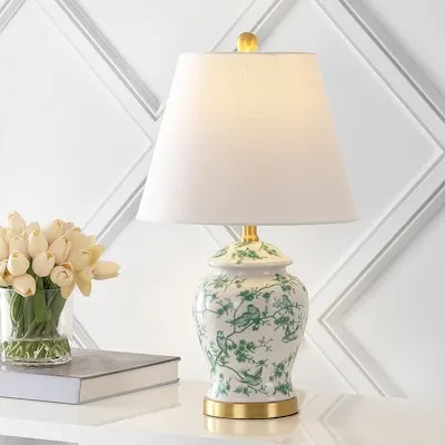 Penelope Chinoiserie Ginger Jar Bird Ceramic/Iron 22-in White/Green LED Rotary socket Table Lamp with Linen Shade