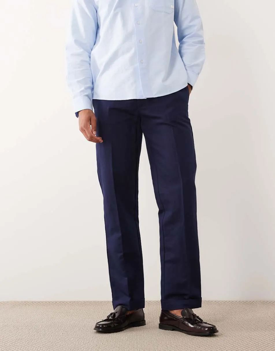 ASOS DESIGN smart linen rich straight leg trousers in navy with side adjuster detail and turnups