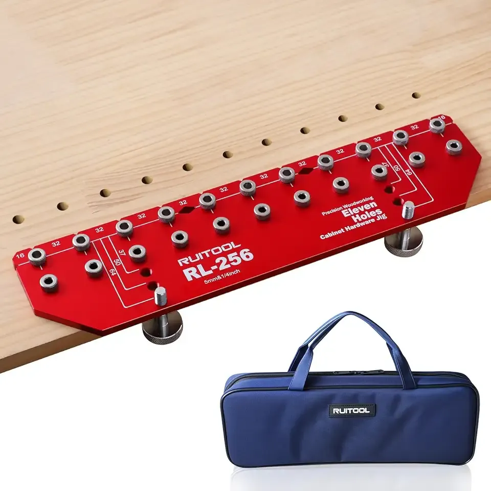 RUITOOL Shelf Pin Jig 11 Holes, Self-contained Clamping Function All Metal Shelf Pin Drilling Jig with 1/4" and 5mm Drill Bit, Shelf Hole Jig and Cabinet Hardware Jig Tool Drill Guide with Storage Bag