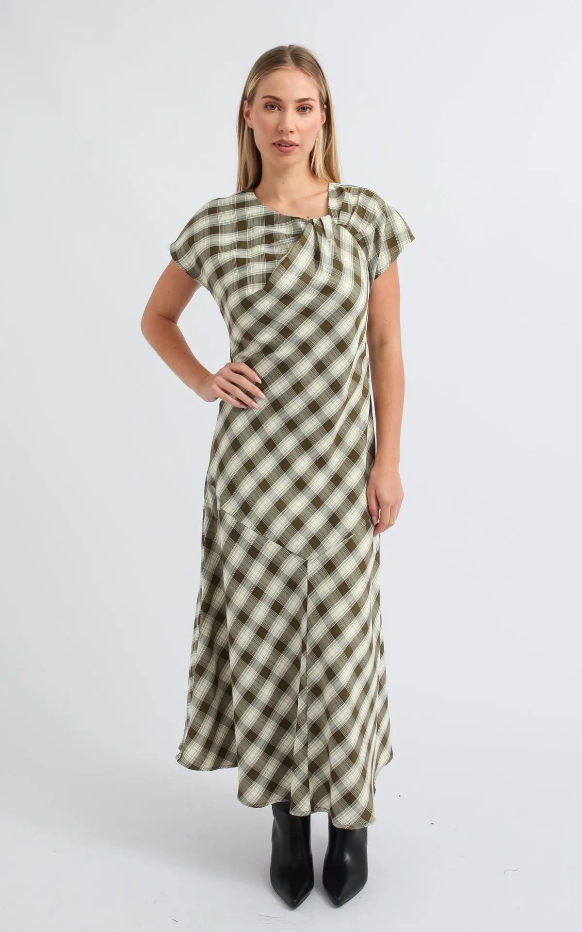 Suiting Plaid Pleat Detail Dress