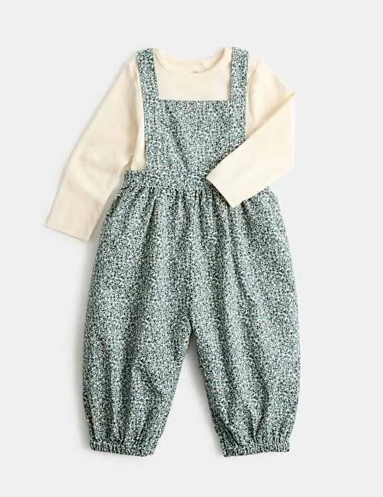 2-teiliges Latzhosen-Outfit aus reinem Baumwollcord mit Blümchendesign (0–3 Jahre)