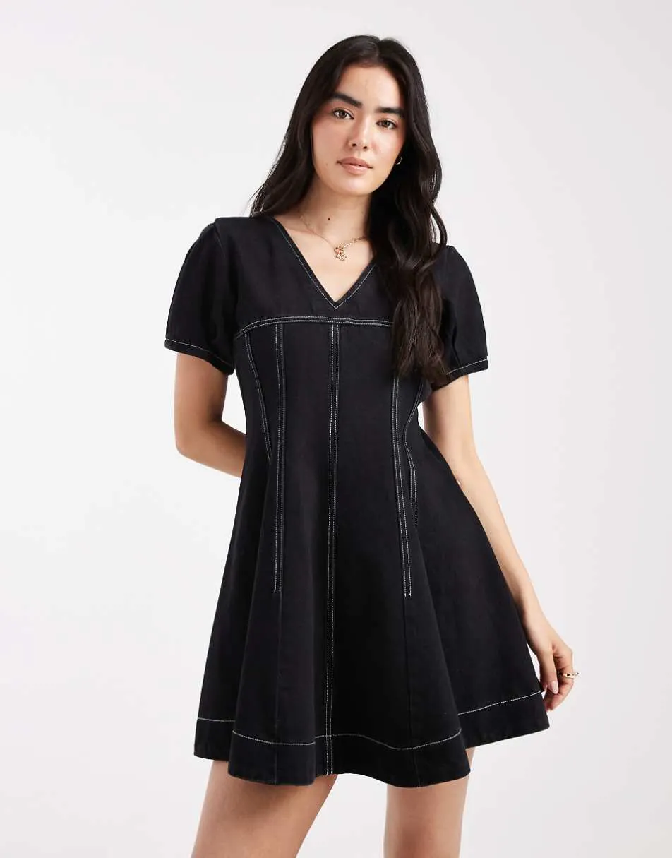 ASOS DESIGN denim v neck mini dress with seam detail in black