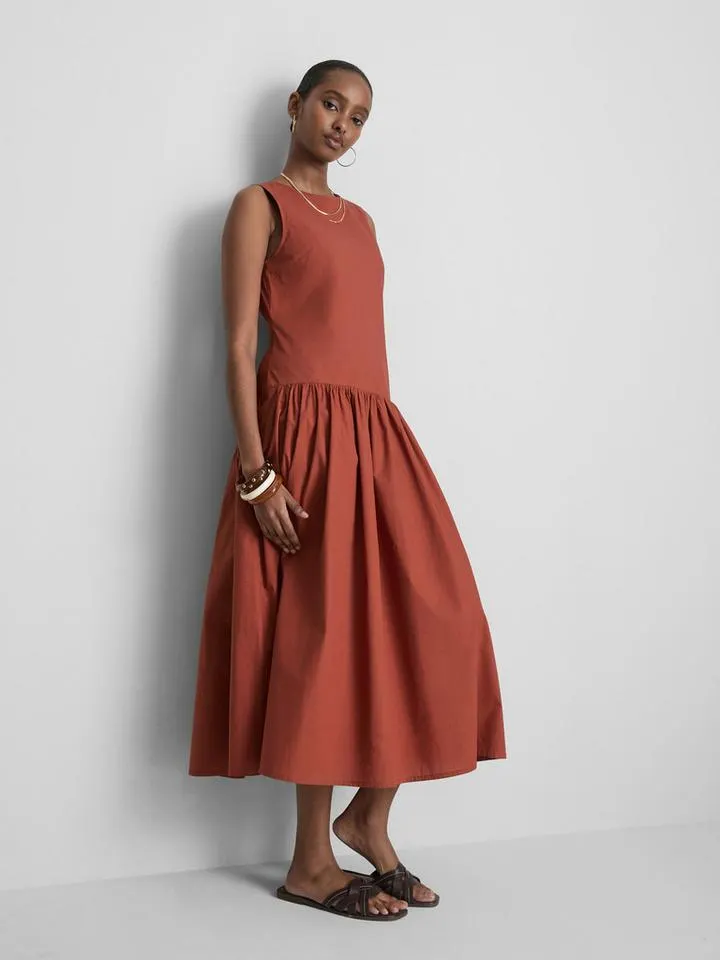 Robe mi-longue en popeline de coton à taille basse