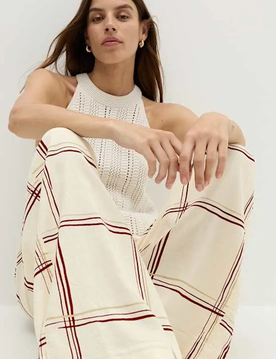 Linen Rich Checked Wide Leg Trousers