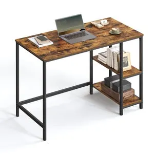 Escritorio industrial con 2 estantes ajustables - mesa de trabajo para oficina o salón, estructura de acero, marrón rústico y negro tinta