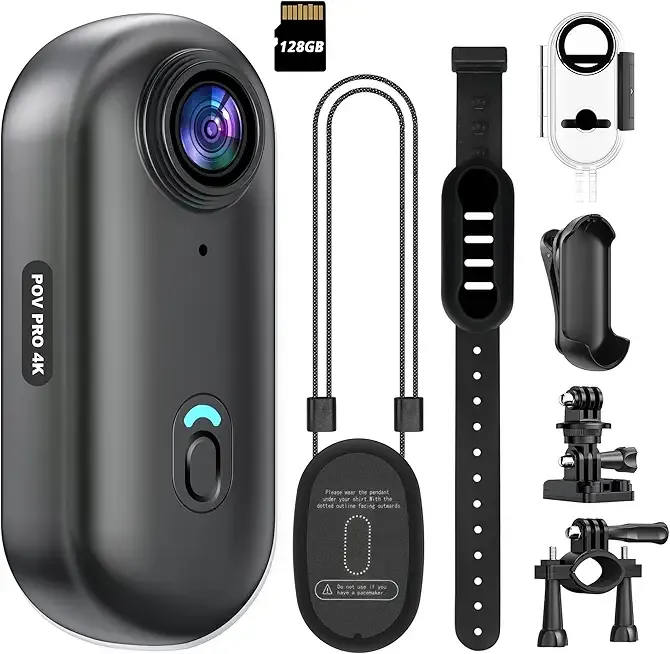 4K Mini WiFi Action Camera 128GB Thumb POV Portable Body Cam Wearable Video Recorder with IPX7 Waterproof Underwater Camcorder, Helmet Mount, Magnetic Sport DV for Bike Cycling, Pet, Vlogging(Black)