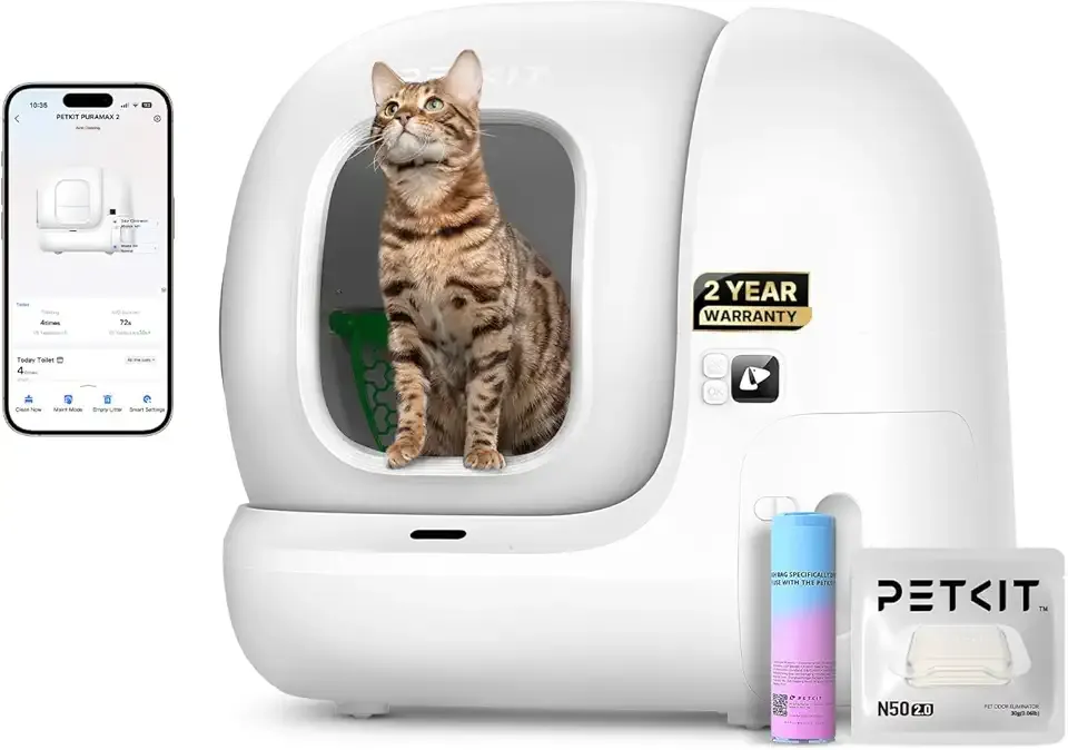 PETKIT PuraMax 2 Automatic Self-Cleaning Cat Litter Box, App Control Automatic Litter Box with Safety Sensors, Odor Free & Anti-Leakage Basic Bundle Includes Trash Bags,2.4G WiFi & Low Entrance