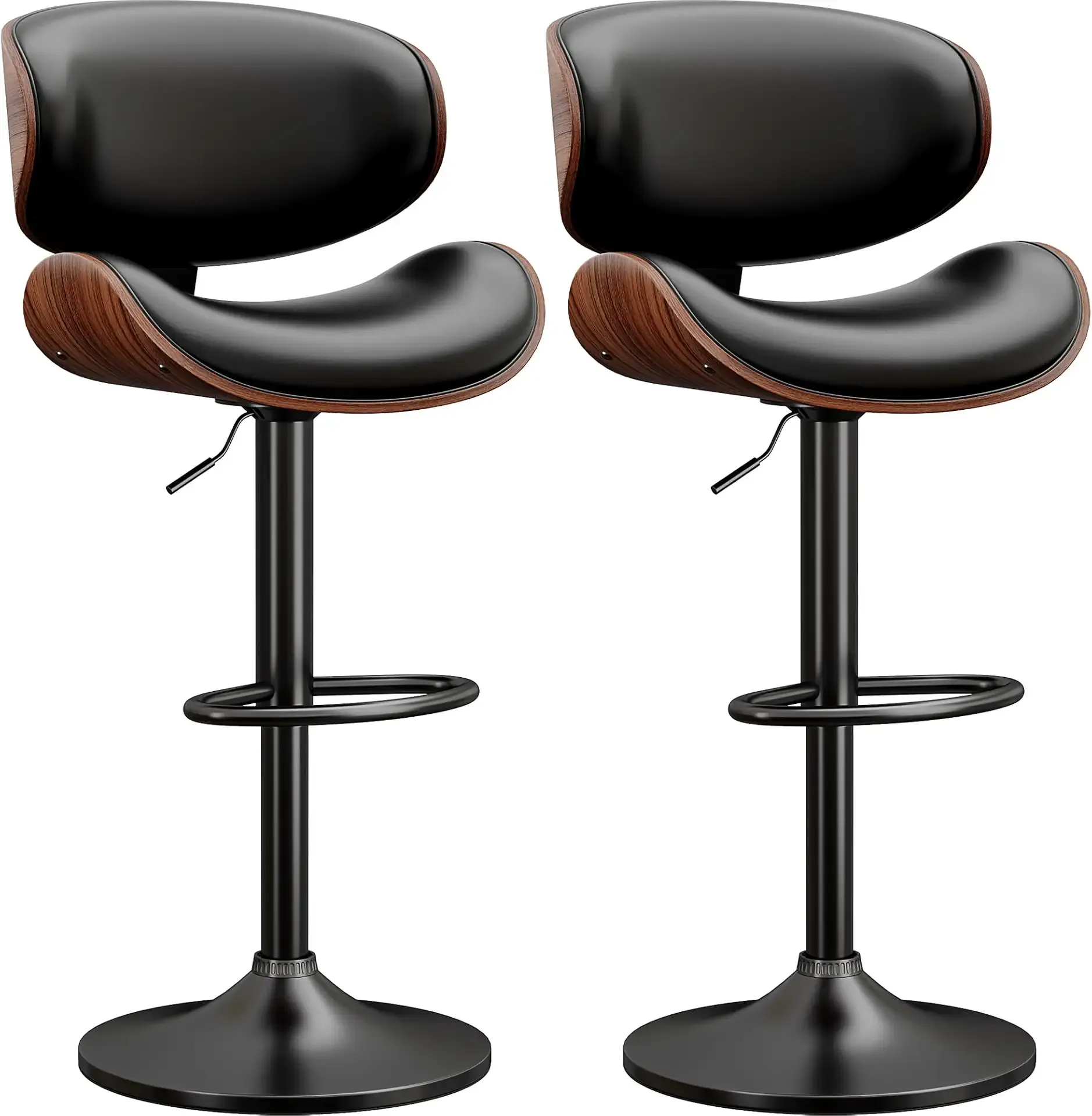 Swivel Bar Stools Set of 2 for Kitchen Counter, Adjustable Bentwood Barstools, Modern PU Leather Upholstered Bar Chair with Back and Footrest, for Bar, Kitchen, Dining Room, Black