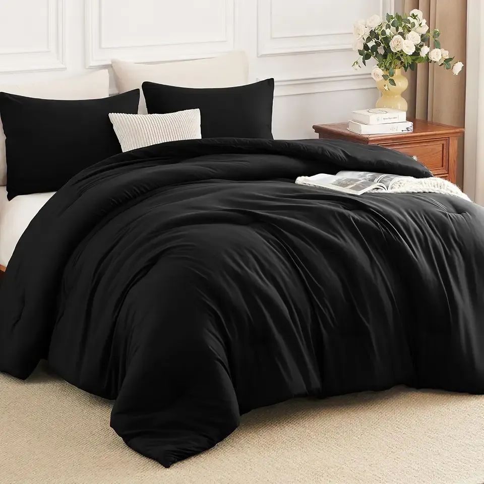 HIMEET Queen Comforter Set, 90 x 90 Inch, Duvet Insert with 8 Loops, Black