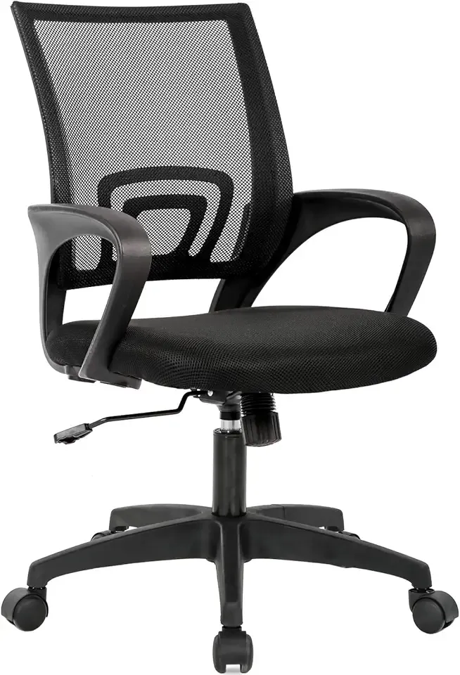 BestOffice | Ergonomic Office Chair | Mid-Back Swivel Desk Chair | Breathable Backrest & Lumbar Support | Adjustable Height | Sponge Seat | Rolling Wheels | Black | for Adults & Women