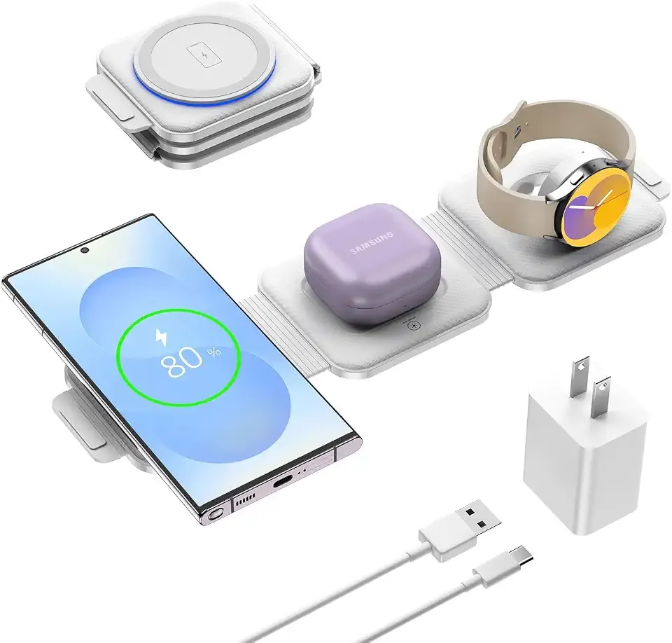 Travel Charger for Samsung Multi Devices, Foldable 3 in 1 Wireless Charging Station Fast Charging Stand/Pad Compatible for Samsung Galaxy S26/S25/S24/S23/Note20 Galaxy Watch8/7/6/Galaxy Buds4(White
