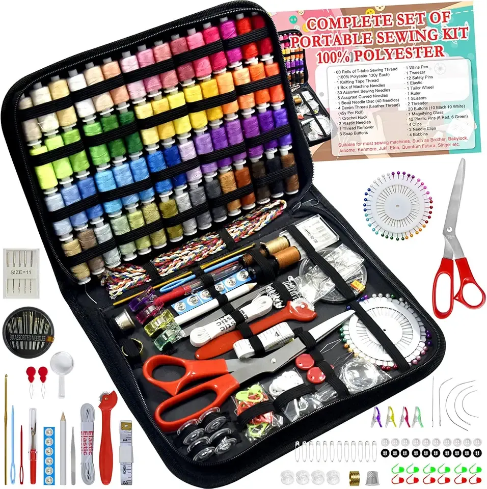 Sewing Kit with Case Portable Sewing Supplies for Home Traveler, Adults, Beginner, Emergency, Contains 60 Sewing Thread, Scissors, Needles, Measure etc