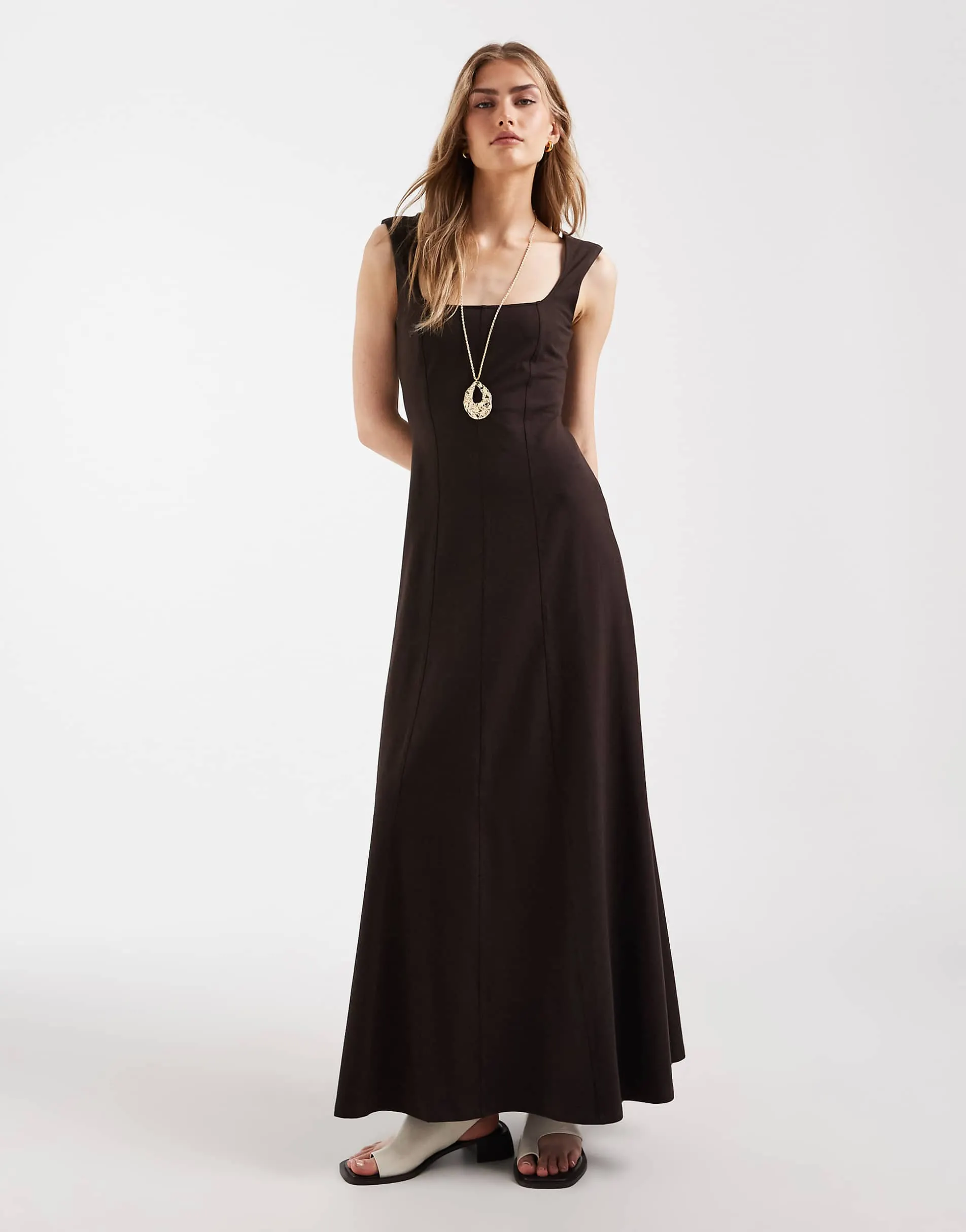 ASOS DESIGN square neck seam detail midaxi dress in chocolate