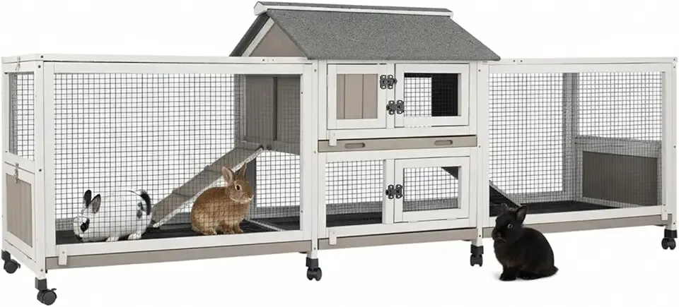 Large Rabbit Hutch Outdoor Indoor Bunny Hutch with Double Runs on Wheels