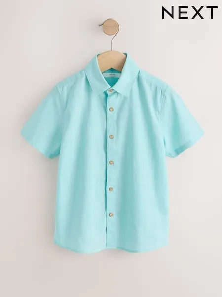 Aqua Blue Short Sleeve Linen Blend Shirt (3-16yrs)