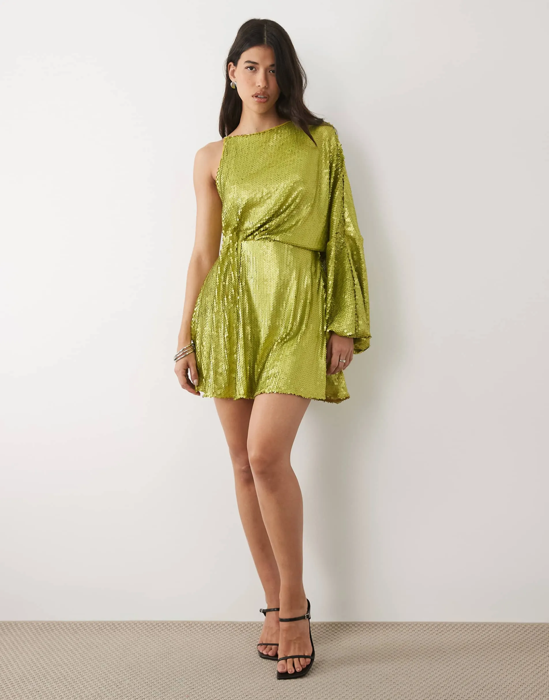 ASOS DESIGN matte sequin one sleeve draped mini dress in olive green