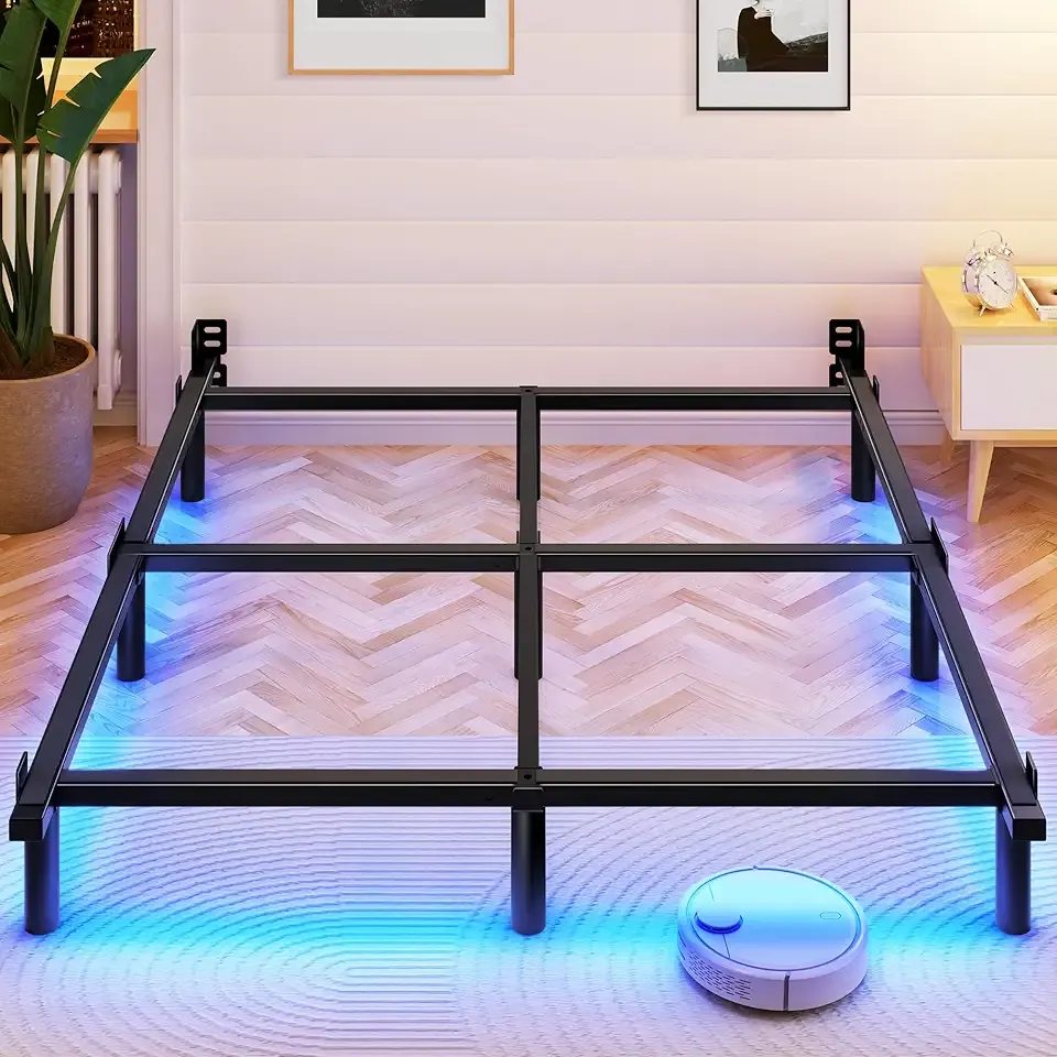 Awesofurni Queen Bed Frame with Smart LED Lights, 7 Inch Basics Metal Bed Frame, Heavy Duty 9-Leg Base for Box Spring and Mattress, Noise-Free, Easy Assembly, Black