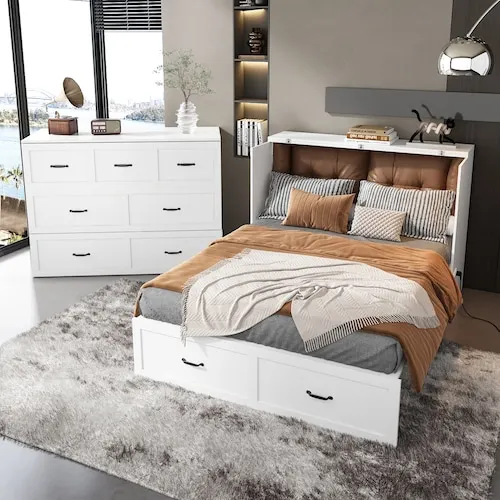 FUFU&GAGA White Wood Queen-Size Murphy Bed Chest with 2 Large Drawers, USB Charging & Wheels