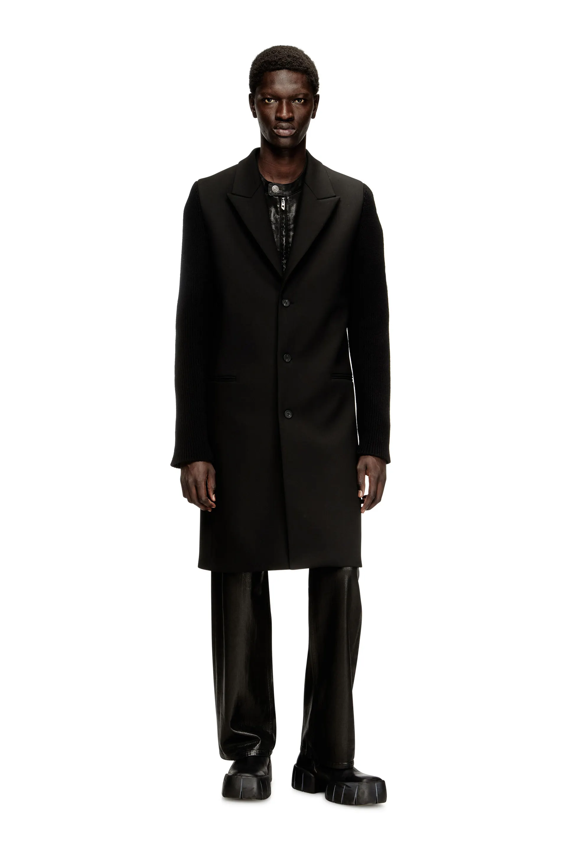 Coat in tailoring fabric and ribbed knit