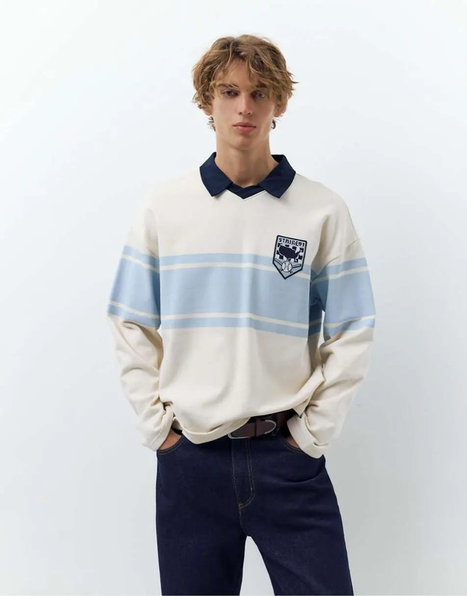 Pull&Bear Long sleeve paneled polo shirt in off white