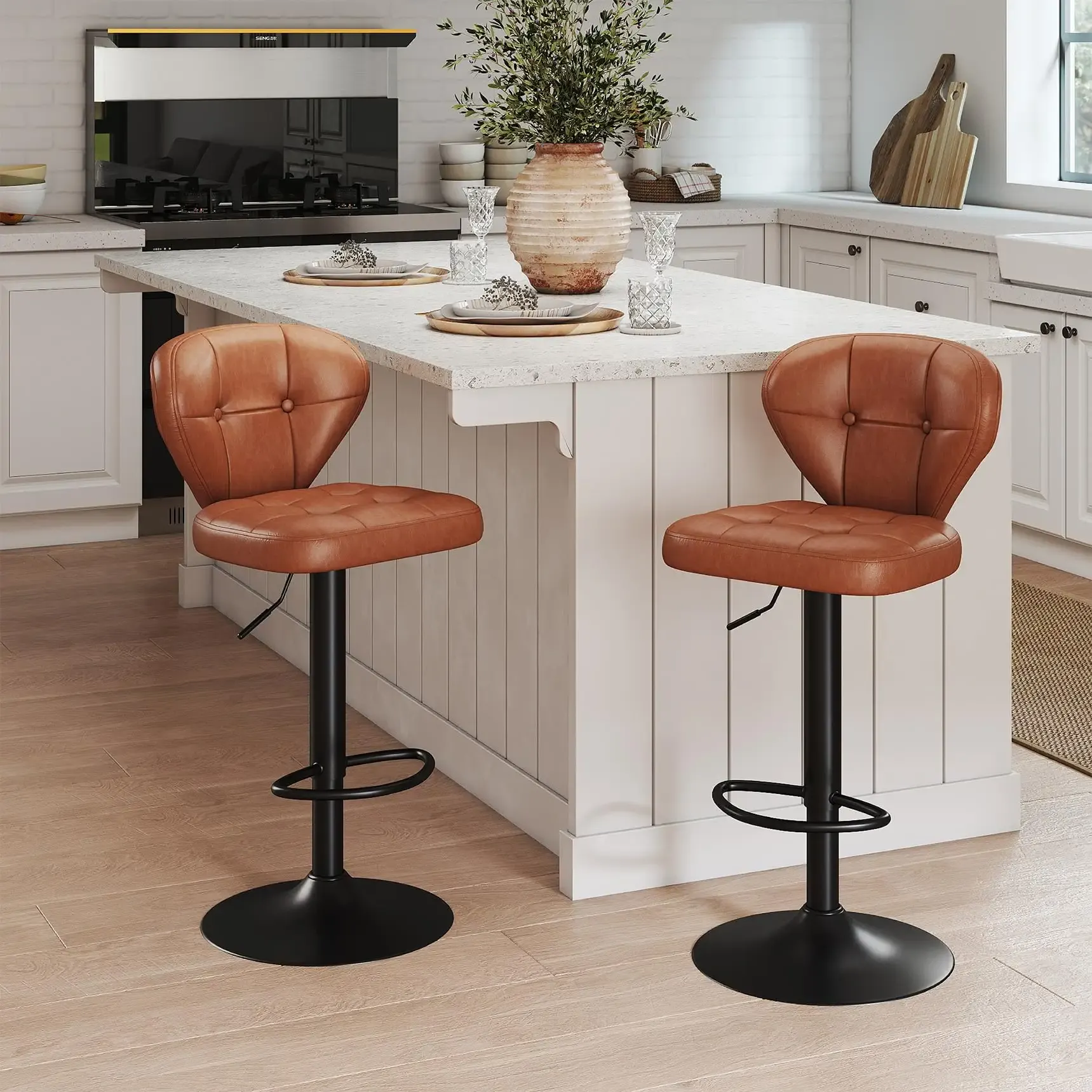 Bar Stools Set of 2 - Swivel Counter Height Barstools (Height Adjustable) | Modern Faux Leather Barstool/Chairs with High Backrest, 16.14" Large Base, Suitable for Kitchen Island, Dining Room (Brown)