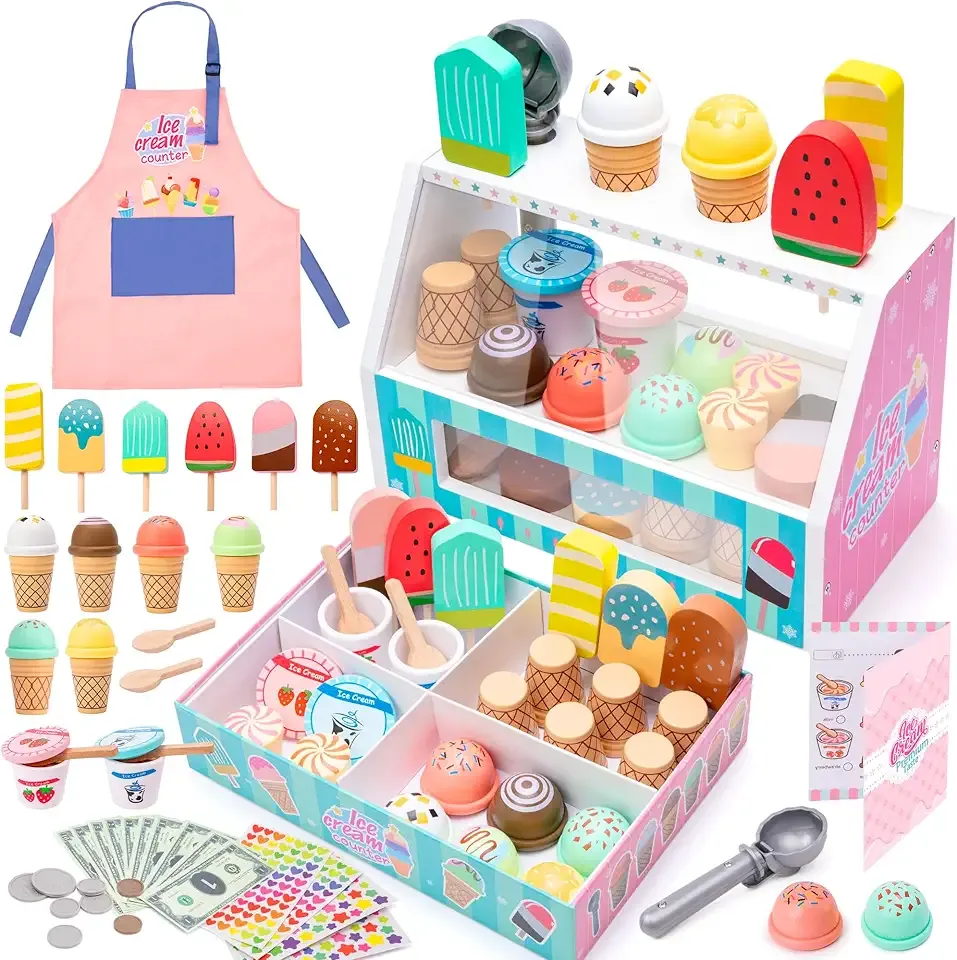 Meland Ice Cream Toy - Wooden Ice Cream Play Set with Aprons, Pretend Play Toys with Play Food, Wooden Play Store Toys for Toddlers, Kids Toys & Gift for Girls Boys Age 3 4 5 6 7 Years Old