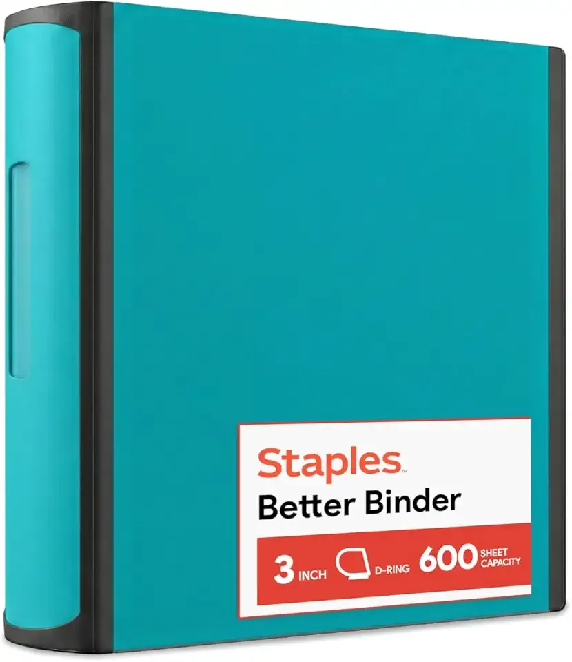 Staples Heavy-Duty 3-Inch D-Ring Binder, Teal – Large Capacity 3-Ring Binder with Pockets, Holds Up to 600 Sheets