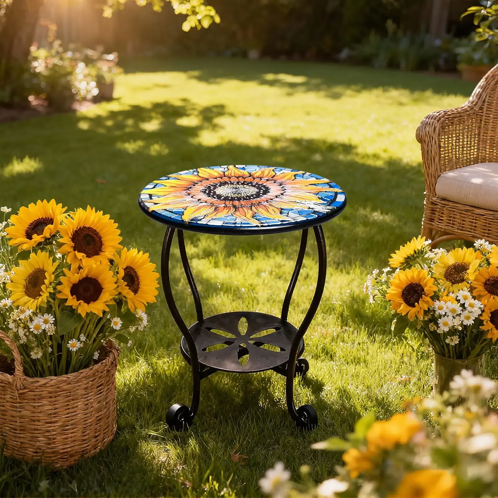 Outdoor Side Table Mosaic Patio Small End Table Metal Coffee Tea Accent Table for Patio Living Room Bedroom Yard Porch Garden (Yellow Sunflowers)