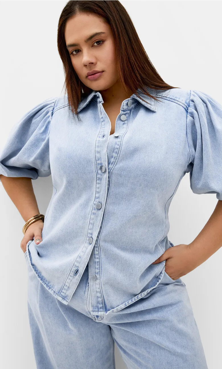 Jessie Balloon Sleeve Denim Shirt - light wash