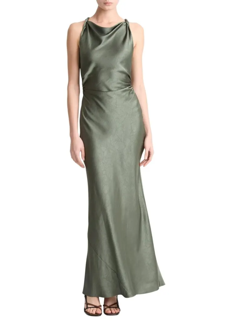 Satin Twist-Shoulder Dress - Grønn