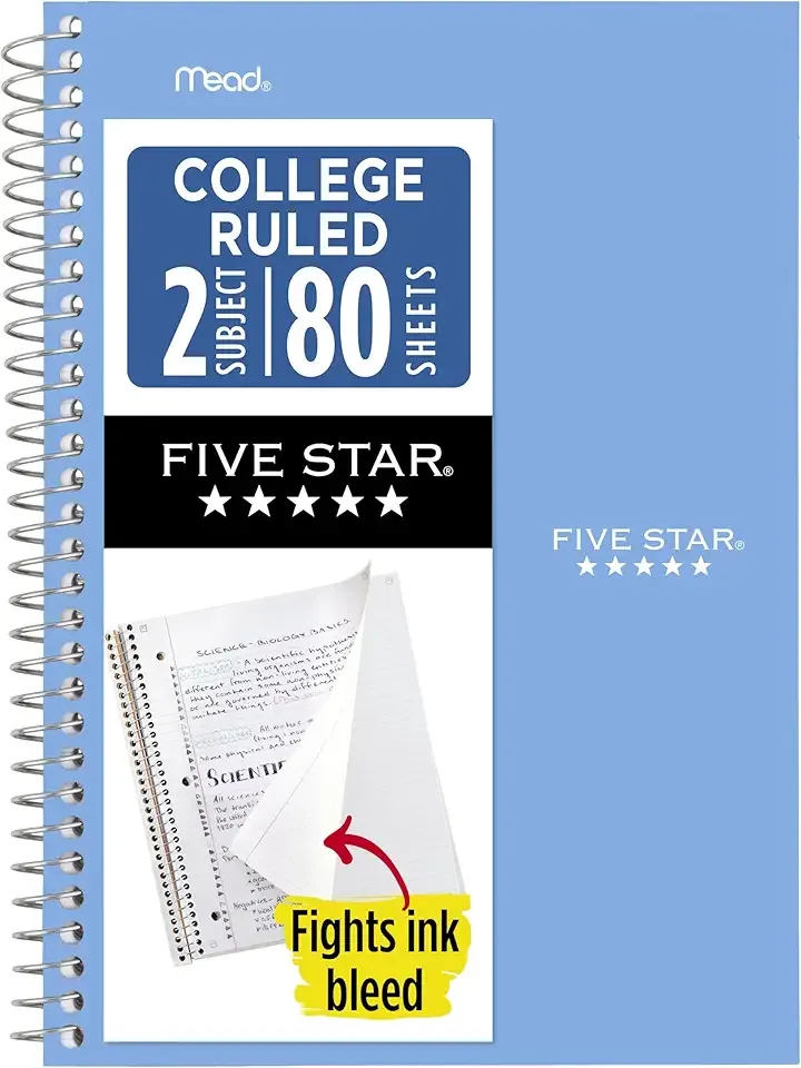Five Star Spiral Notebook, 2 Subject, College Ruled Paper, 6" x 9.5", 80 Sheets, Blue (Color May Vary) (840029CG1)