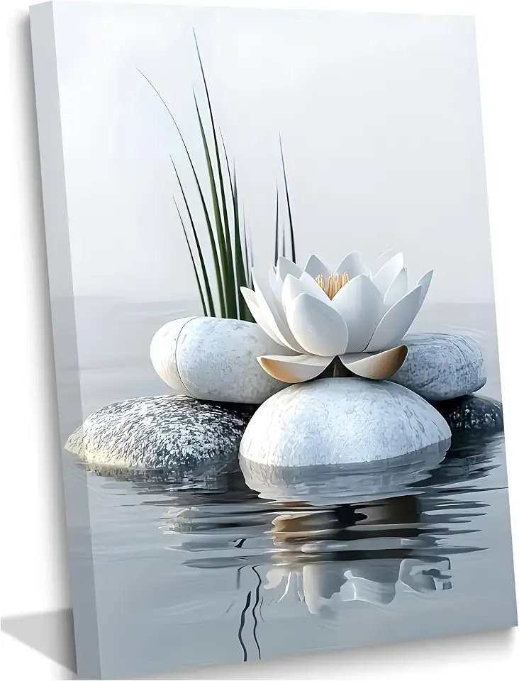 Zen Bathroom Canvas Wall Art 16x24in Framed | Calm Botanical Poster Print Picture White Lotus Meditation Wall Decor for Bathroom Meditation Room Yoga Spa Ready to Hang