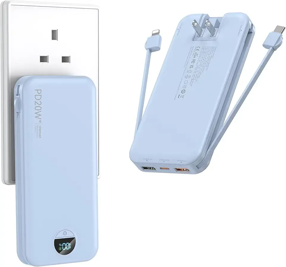 Portable Charger with Wall Plug, 10000mAh USB C Power Bank Fast Charging, External Battery Pack with Built in Cables, Digital Display, 5 Output 4 Input for iPhone Android Cell Phone Tablet