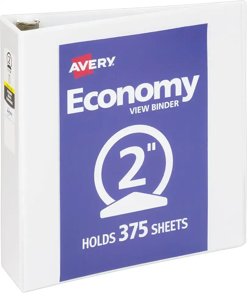 Avery Standard View 3 Ring Binder, 2" Round Rings, 375-Sheet Capacity, 2.8 Inch Wide Spine, 1 White Binder, Ideal for Lightweight Organization and Occasional Referencing (05731)