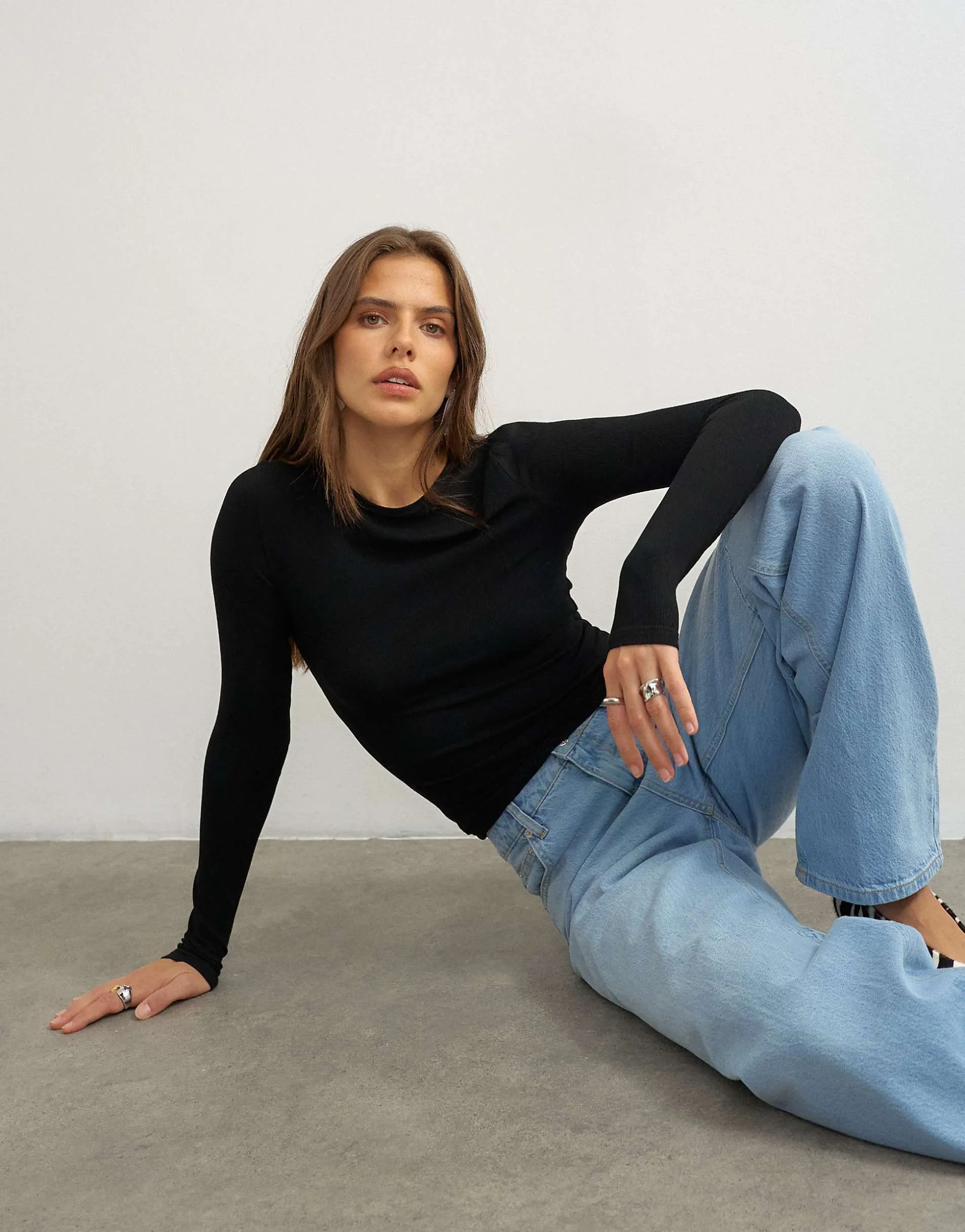 Topshop premium rib long sleeve top in black