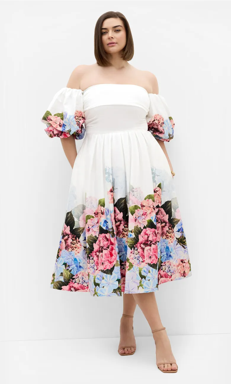 Rosa Border Print Puff Sleeve Midi Dress - white
