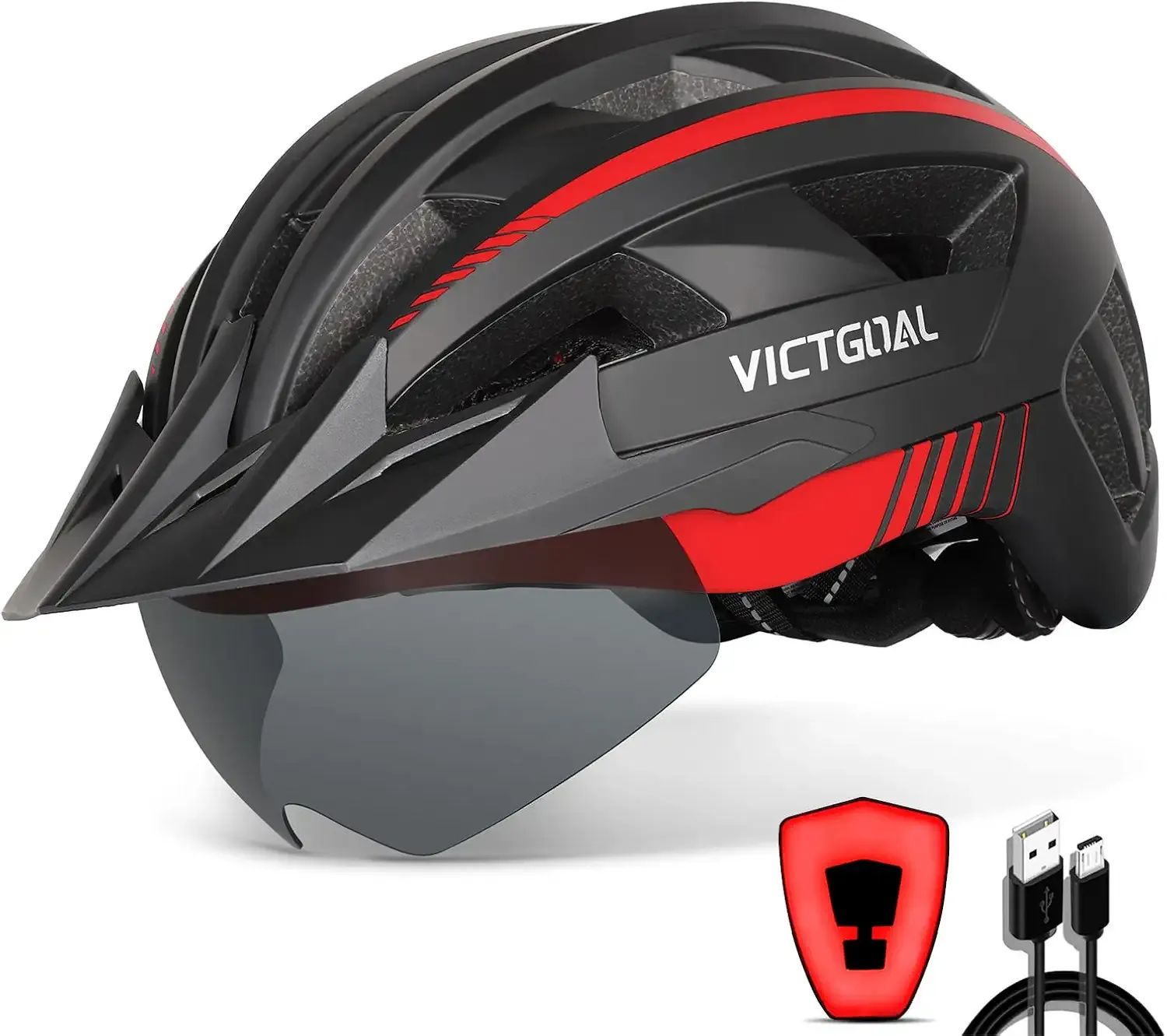 VICTGOAL Bike Helmet Adult Men Women with LED Rear Light, M/L/XL Sizes | 3 Modes Rechargeable Rear Light, Magnetic Goggles, Removable Sun Visor, 54-63cm Range for Adult Youth Outdoor Road Cycling