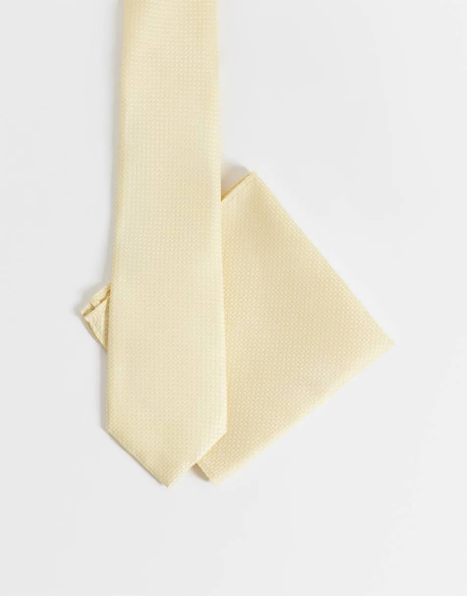 ASOS DESIGN textured tie and pocket square in yellow
