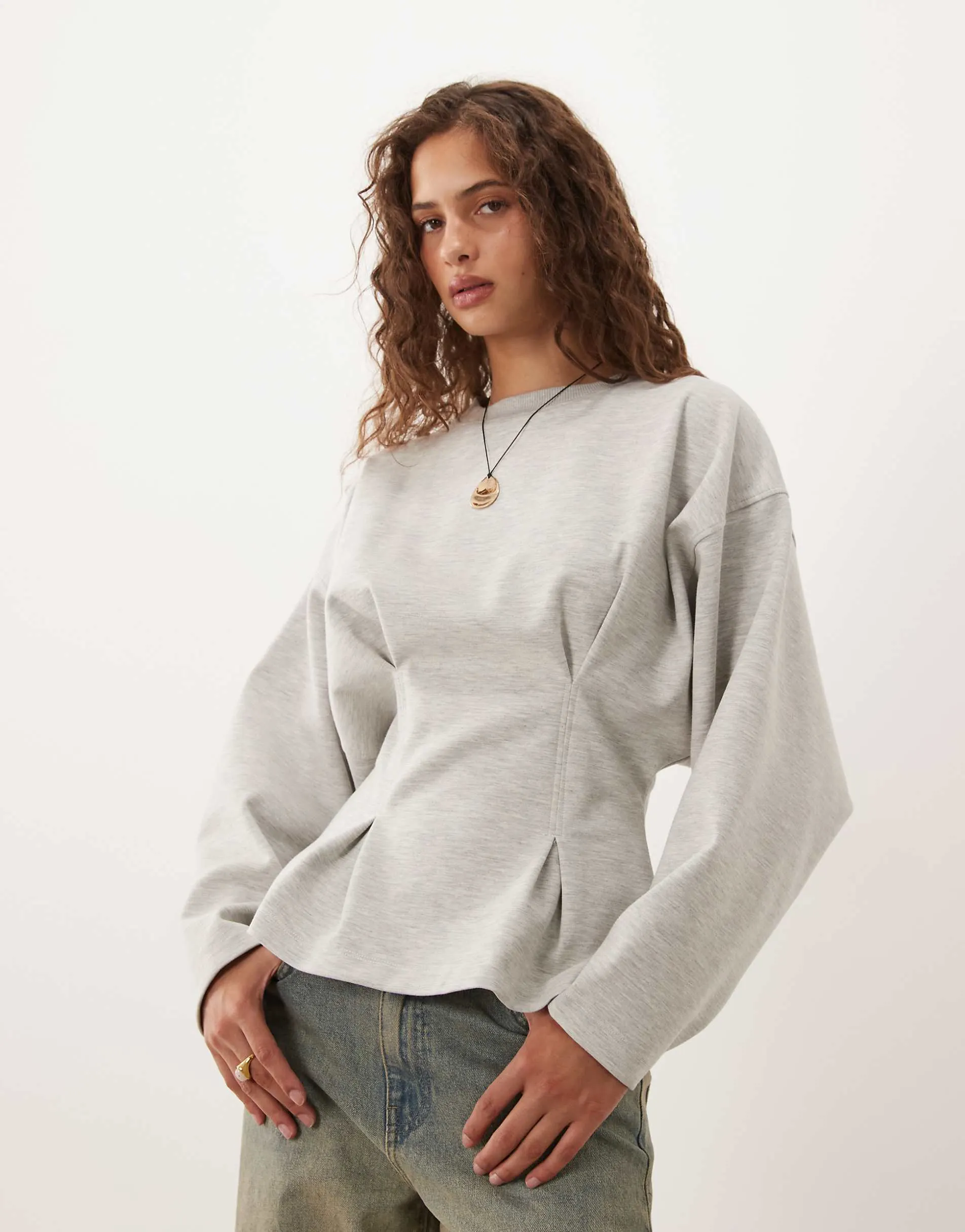 ASOS DESIGN long sleeve cinched waist top in grey