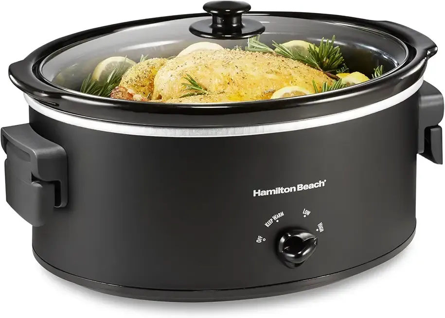 Hamilton Beach 6 Quart Slow Cooker with Space-Saving Folding Handles, 3 Heat Settings, Dishwasher Safe Stoneware Crock and Glass Lid, Black (33664)
