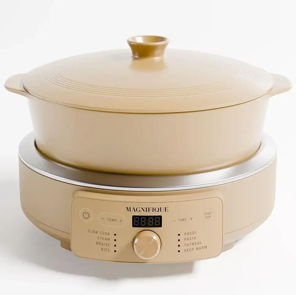 4.5 Quart Slow Cooker, 8-in-1 Casserole Programmable Round Multi-Cooker, Non-Toxic Clay pot Slow Cooker for Rice, Pasta, Steam & Proof, Oven Safe Pot to 500°F, Brown